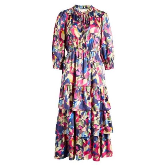 NWT Small Melloday $Retail 99$ floral tiered satin maxi dress - Picture 1 of 7